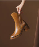 Botas Cortas De Cuero Para Mujer Otoño Invierno Con Tacón Chunky Cierre De Cremallera Botas De Tobillo Plataforma Modernas Talla Grande Confort Transpirables - details 8