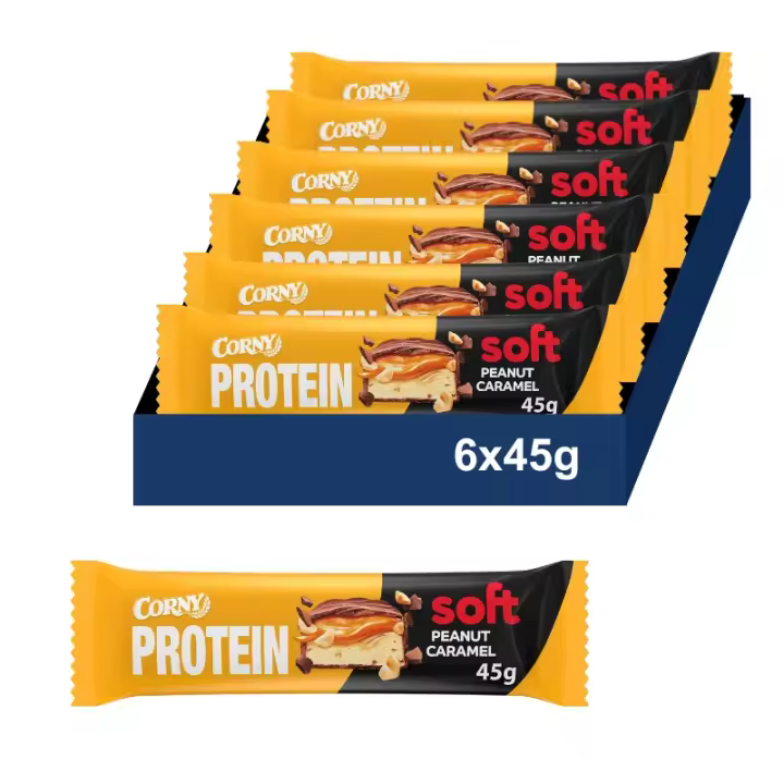 CORNY Protein Soft Barritas 30% Proteínas de Cacahuete y Caramelo. Sin Azúcares Añadidos. Pack 6x45gr - 1