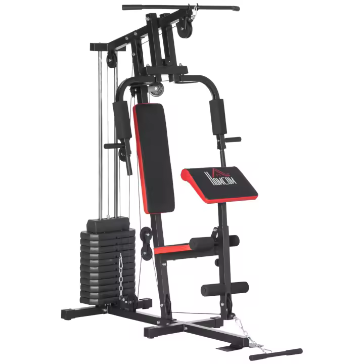 HOMCOM Multiestación de Musculación Máquina de Musculación con Placas de Peso de 65 kg Carga Max. 100 kg para Entrenamiento Fitness en Hogar Gimnasio Negro y Rojo - 1