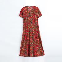 Vestido Midi Vintage De Verano Para Mujer Con Cuello En V Y Estampado Casual A-Line Manga Corta Cintura Ajustada - details 3