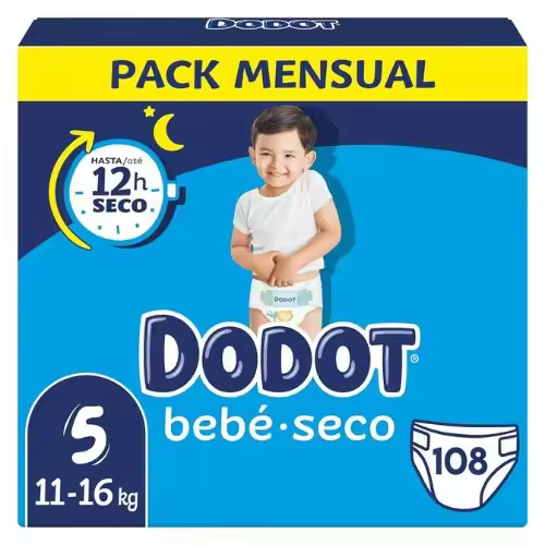 Dodot Bebé Seco Talla 5 (11-16kg) Pack AHORRO 108 pañales - Protección confiable y duradera para tu bebé - Máxima absorción y comodidad - 1