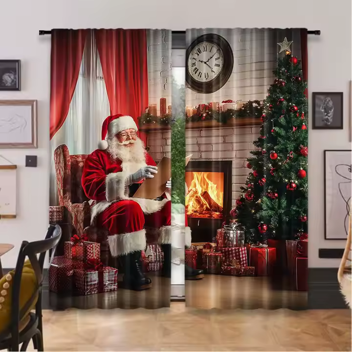 2Pcs Cortinas De Navidad Con Santa Claus Sentado En Casa Lectura De Una Carta Cerca Del Árbol Para Sala De Estar Y Dormitorio - 1