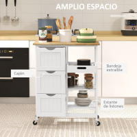HOMCOM Carro de Cocina Carrito Auxiliar con Ruedas Carrito Verdulero con Tablero de Madera 3 Cajones 2 Estantes Abiertos y Bandeja Extraíble para Comedor Salón 67x37x85,5 cm Blanco - details 3