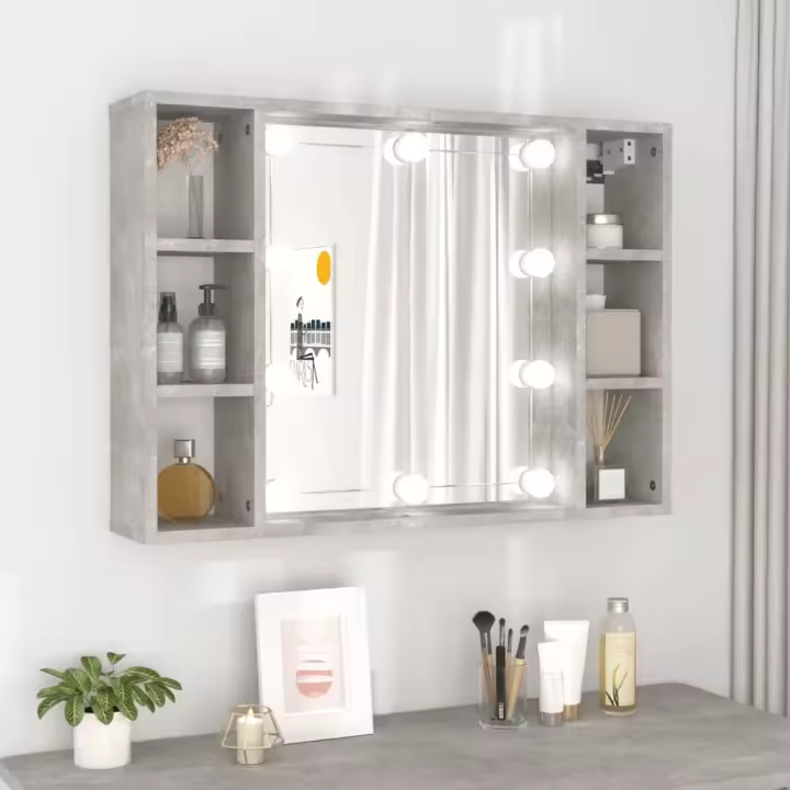 vidaXL Mueble con espejo y luces LED 76x15x55 cm en color Gris hormigón/Blanco/Gris sonoma y más | almacenamiento funcional diseño moderno para baño dormitorio sala - 1
