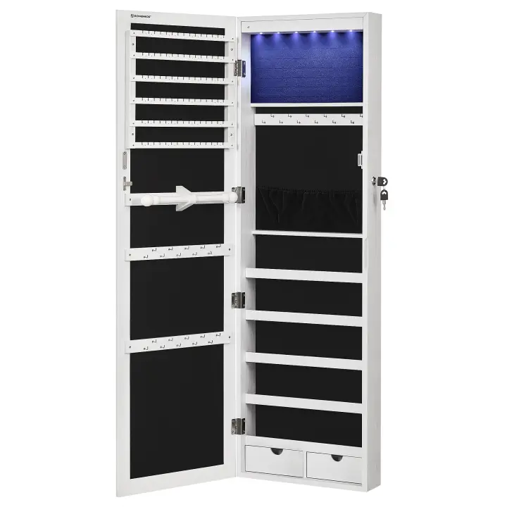 SONGMICS Armario para Joyas, Espejo Joyero de Pared, con Luces LED y Cierre, Organizador de para Pendiente, Collar, Espejo y Varios Compartimentos, Negro/Roble/Superficie Blanca y Forro Gris/Blanco/Marrón Rústico - 1