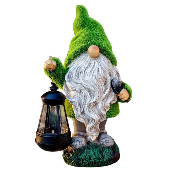 Adornos de Jardín de Luz Solares de Gnomo Flocado de 33 cm con Linterna, Estatua de Jardín Exterior Decoración - 1