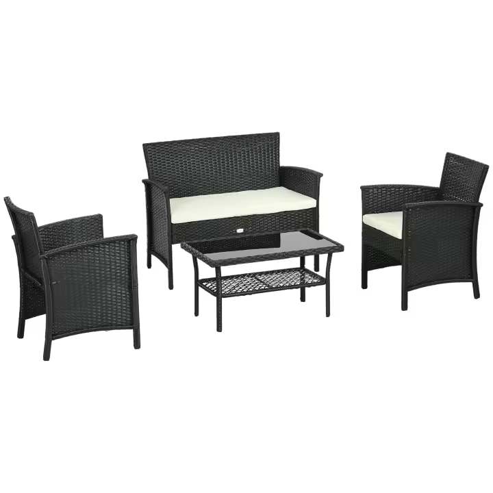 Outsunny Conjunto de Jardín de Ratán Sintético Juego de 4 Piezas Muebles de Jardín con 2 Sillones 1 Sofá Doble 1 Mesa de Centro con Tablero de Vidrio y Cojines Negro y Crema - 1