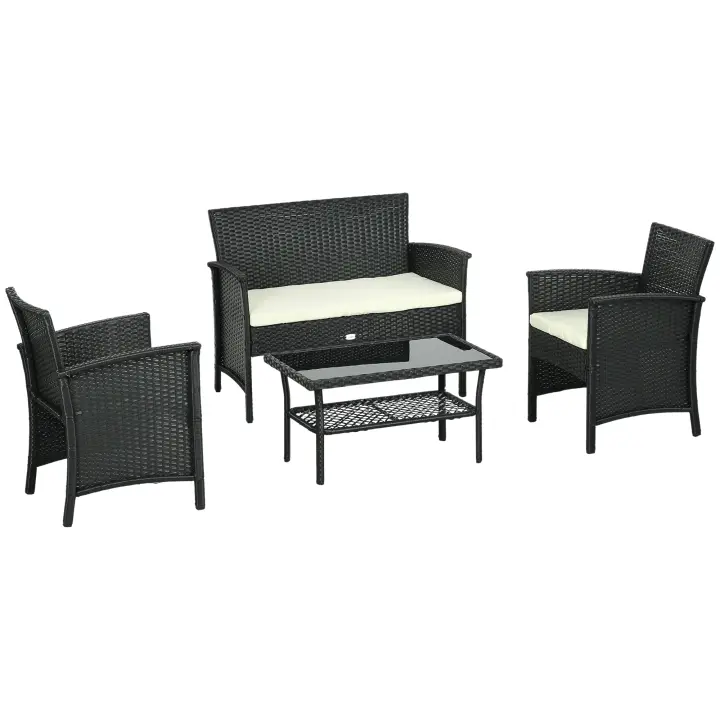 Outsunny Conjunto de Jardín de Ratán Sintético Juego de 4 Piezas Muebles de Jardín con 2 Sillones 1 Sofá Doble 1 Mesa de Centro con Tablero de Vidrio y Cojines Negro y Crema - 1