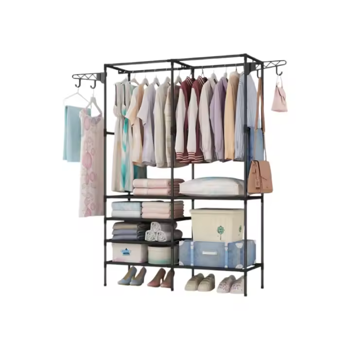 Perchero de doble fila para ropa, perchas grandes para suelo con ganchos colgantes, varillas para abrigos y zapatos, estante de almacenamiento para el hogar, percha para ropa - 1