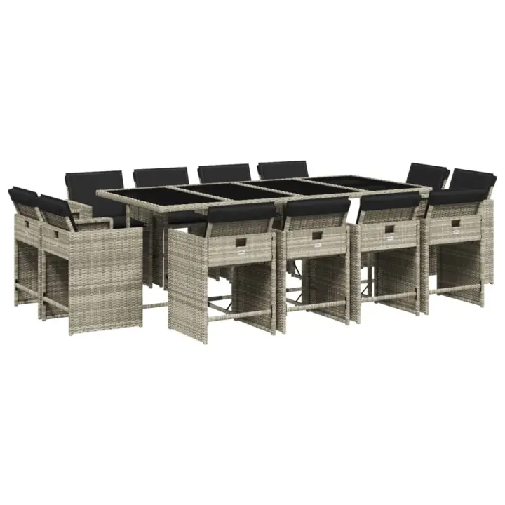 vidaXL Set comedor jardín y cojines 13 pzas ratán sintético gris claro - 1