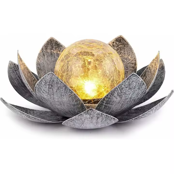 Luces Solares para Jardín al Aire Libre, decoración de Loto de Vidrio agrietado en forma de Globe, Luces LED impermeables de Flores de metal para patio, decorado, chimenea, Mesa, Piso - 1