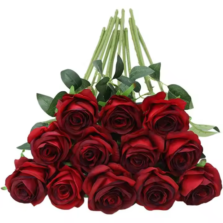 12 rosas artificiales, 19,68'', tallo largo único, rosas falsas de seda, ramo de novia, boda, flor realista para el hogar, jardín, fiesta, hotel, oficina, decoración (rosas en flor, burdeos) - 1