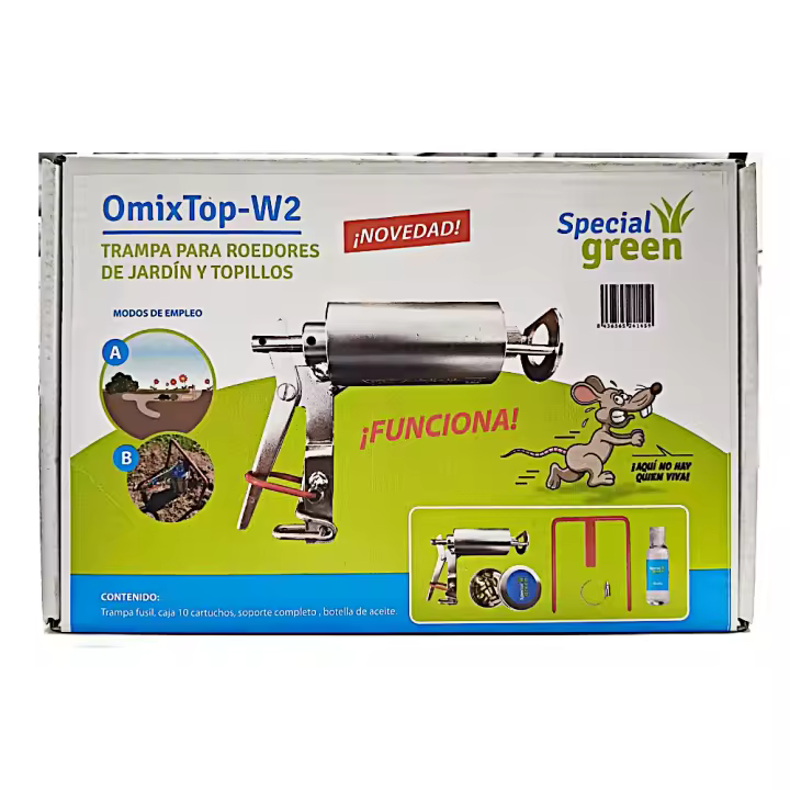 OmixTop W2 - Trampa especialmente diseñada para el control de topos de jardín y topillos en jardines y áreas exteriores. Incluye fusil, soporte, botella de aceite y 10 Cartuchos - 1
