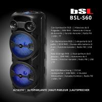Altavoz Bluetooth BSL-S60 con iluminación RGB  2 Altavoces de 8 Pulgadas  2x15W RMS  Batería de 4 Horas de duración  Función Karaoke con Micrófono incluído  Radio FM  USB  TF - details 0