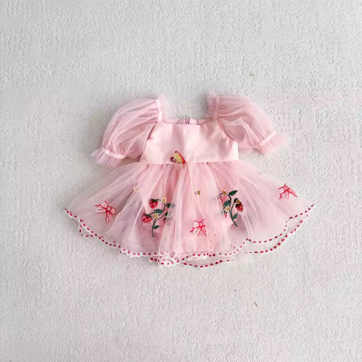 Vestido De Princesa Para Bebé Verano Con Manga Puff Y Gran Lazo Bordado De Fresa Falda Enredadera Para Niñas Ropa De Salir - 1
