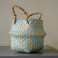 Bolsa De Almacenamiento Bohemia De Paja Con Estampado Rayado Y Florales Hecha a Mano Plegable Para Ropa Jardín Maceta - details 7