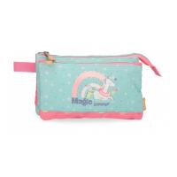 Estuche triple Enso Magic Summer rosa y azul con unicornio en el centro rodeado de estrellitas 22 x 12 x 5 cm - dos compartimentos cerrados con cremallera y un bolsillo frontal para mejorar la organización - asa lateral - diseño divertido y multicolor - details 0