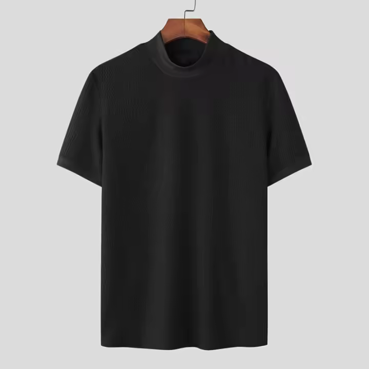 Camiseta De Verano Nueva Moda Cuello Alto Texturizado Color Sólido Manga Corta Estilo Coreano Tops Casual Para Hombre - 1
