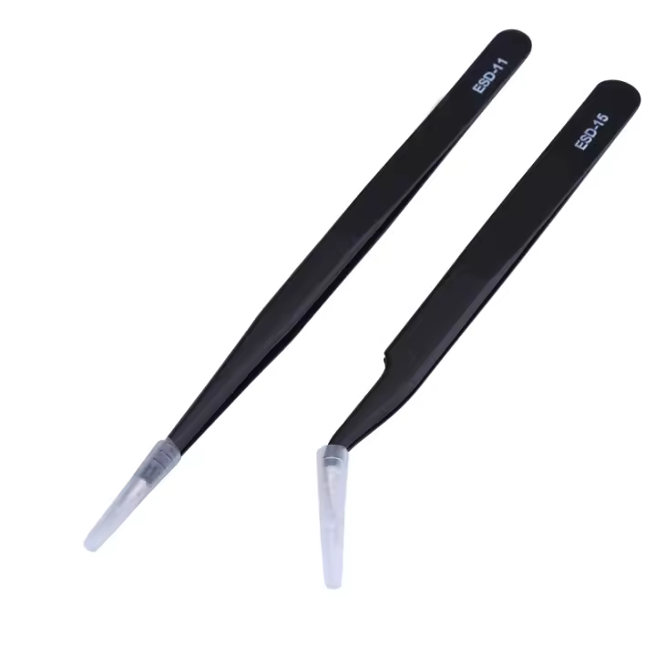 Juego De 2 Pinzas De Precisión Antiestática ESD De Acero Inoxidable Para Reparación Electrónica Herramientas De Curva Y Punta Aguda - 1