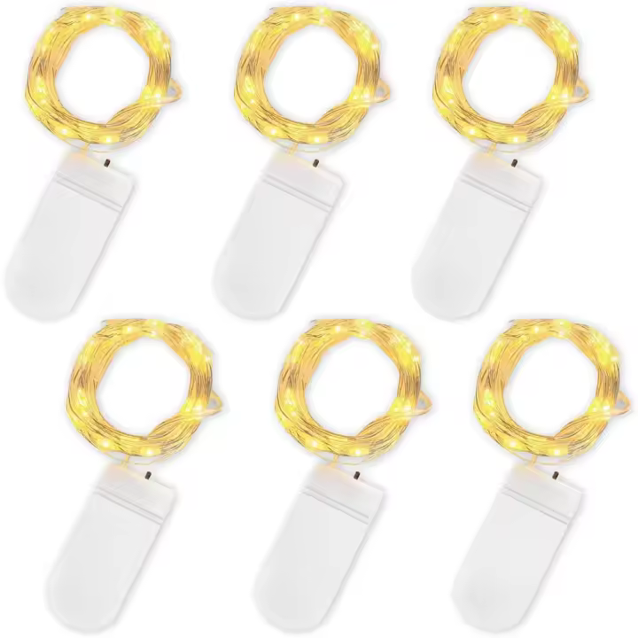 Guirnalda de luces LED a pilas, paquete de 6, 2 m, 20 LED, resistente al agua, de cobre, para cumpleaños, fiestas, bodas, Navidad, decoración de césped, color blanco cálido - 1