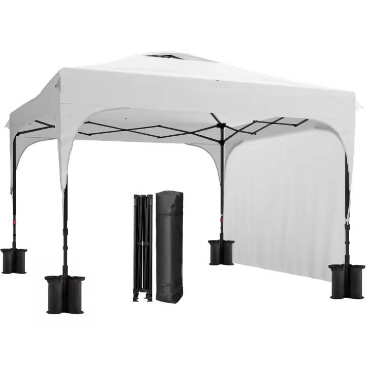 Carpa Plegable 3x3 m Cenador de Jardín con Altura Ajustable 1 Pared Lateral Impermeable 4 Bolsas de Arena y Bolsa de Transporte Gazebo para Exterior Patio Fiestas Blanco - 1