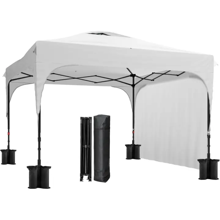 Carpa Plegable 3x3 m Cenador de Jardín con Altura Ajustable 1 Pared Lateral Impermeable 4 Bolsas de Arena y Bolsa de Transporte Gazebo para Exterior Patio Fiestas Blanco - 1