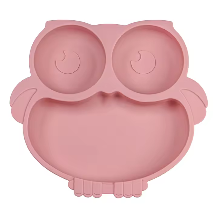 Plato de silicona con lechón para bebé, con forma de búho, Bonito Plato con lechón para niños, Plato dividido para bebé, Rosa Claro - 1