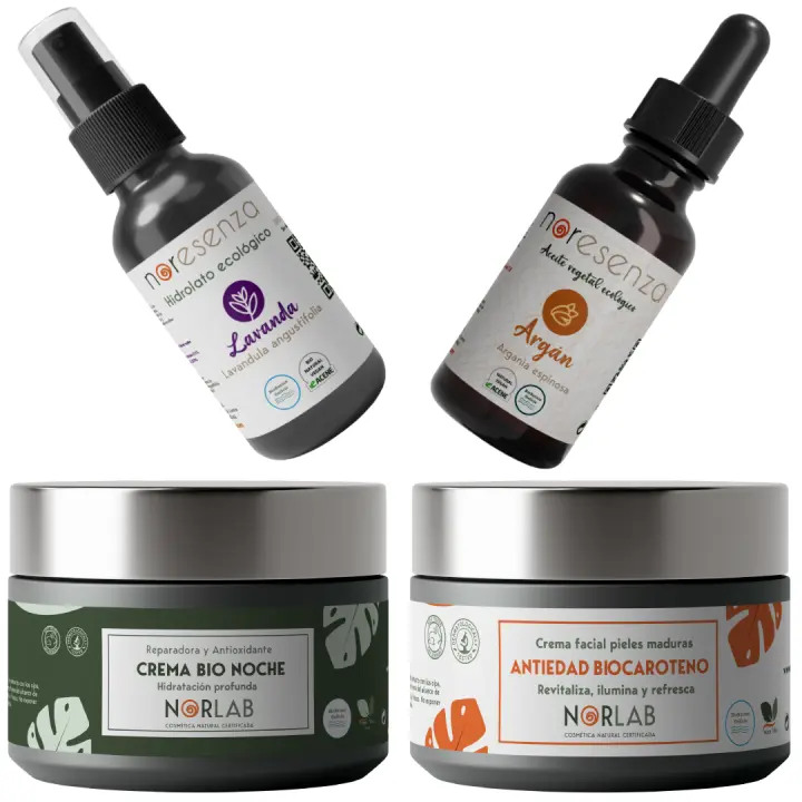 Noresenza Rutina Piel Seca - Pack Cuidado Facial Natural 100% Natural - Crema Biocaroteno + Crema Bionoche + Bruma  lavanda + Aceite Rosa Mosqueta - Hidratación Profunda - 1