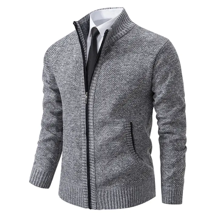 Chaqueta Deportiva Casual Para Hombre De Otoño E Invierno Nueva JERSEY Color Sólido Cuello Erguido Abrazadera De Poliéster Con Cierre De Cremallera - 1