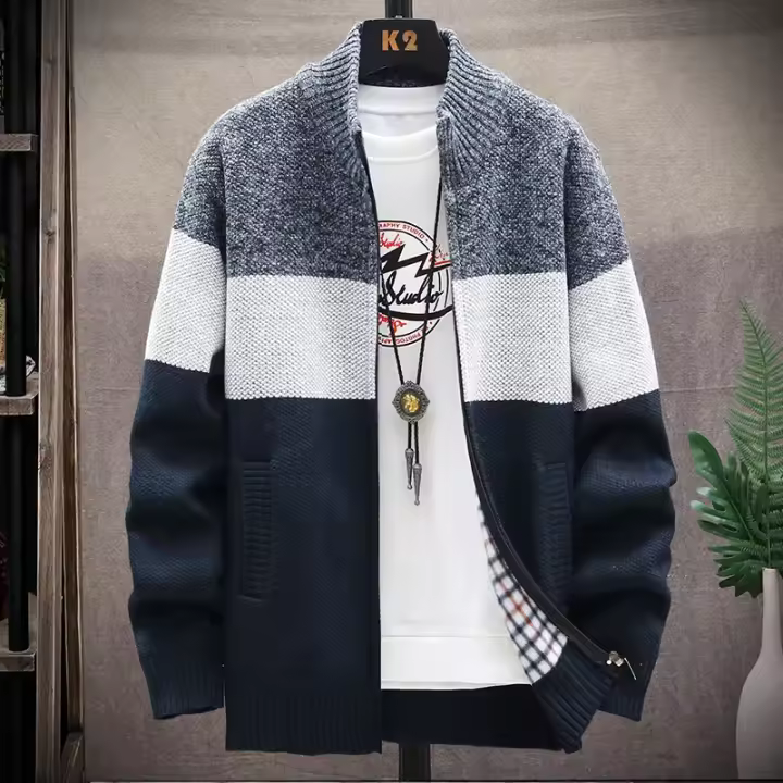 Nueva Chaqueta De Punto De Piel Para Hombre Otoño Invierno Cierre De Cremallera Estilo Casual Con Contraste De Rayas Suéter De Velours - 1