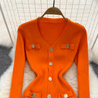 Vestido Midi De Punto REALEFT Para Mujer Con Cuello En V Manga Larga Y Falda Frontal Solta Estilo Casual Color Sólido Otoño Invierno - details 20
