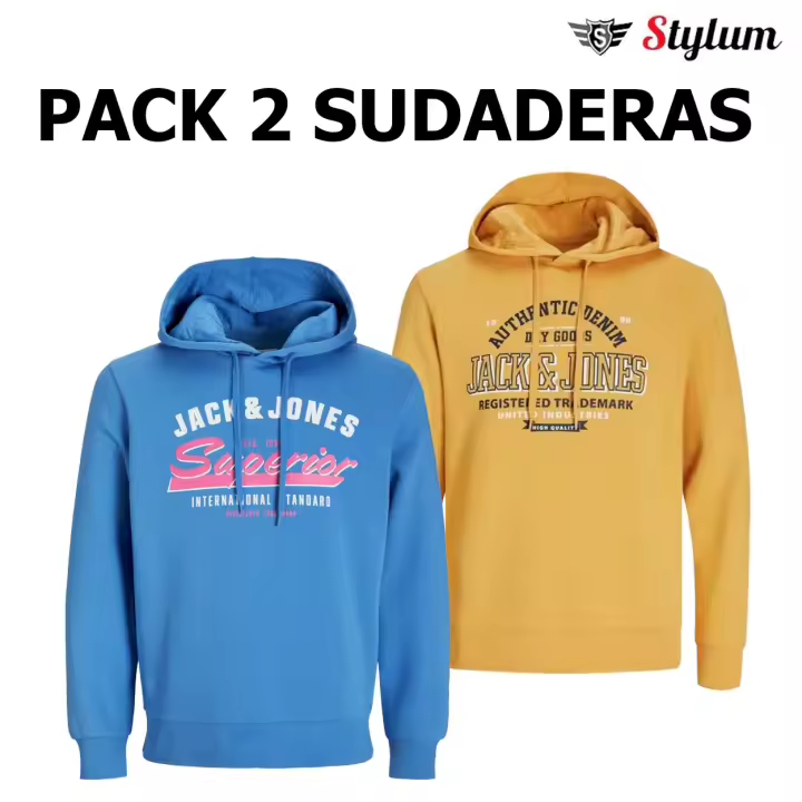 Jack & Jones Pack 2 Sudaderas con capucha Hombre JJELOGO en color Pacific Coast y Honey Gold Logo estampado Moda Casual Informal ideal OTOÑO INVIERNO - 1