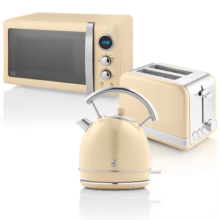 SWAN STRP2070CNEU Retro Set Desayuno Hervidor Agua 1,8L, Tostadora 2 Rebanadas, Microondas Digital 20L, Vintage, 850W, Crema - 1