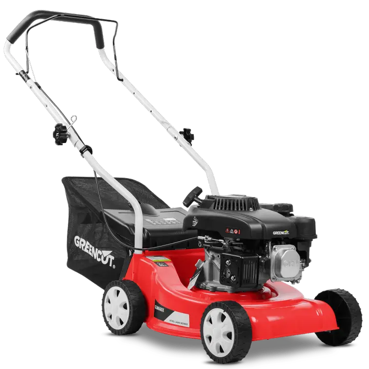 GREENCUT GLM660X - Cortacésped Gasolina 132cc y 5cv, Motor 4 Tiempos OHV, Arranque Manual y Ancho de Corte de 390mm/16, rotativo, Altura de Corte Regulable, Saco de Recogida 35L, Color Rojo/Negro - 1