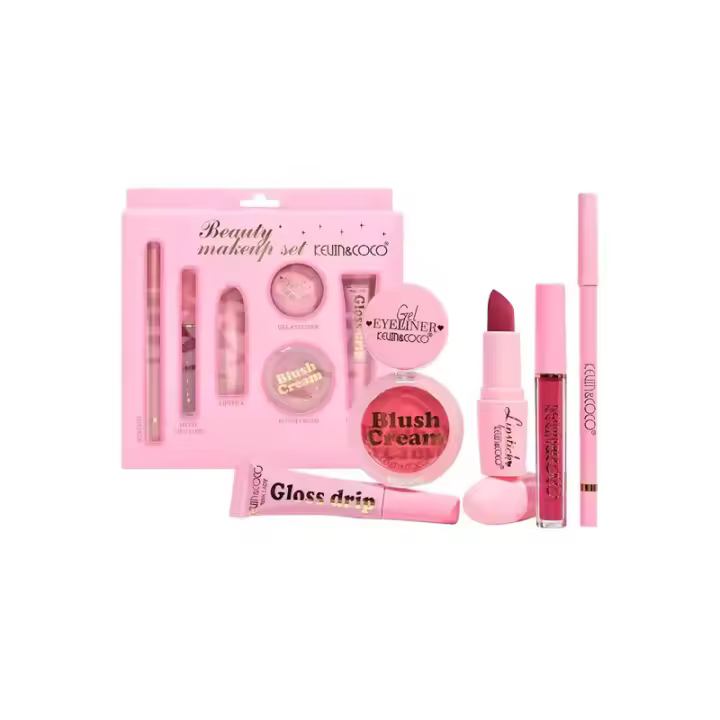 Set de Maquillaje Todo en Uno KEVIN & COCO,Delineador de Labios, Brillo Mate, Lápiz Labial, Delineador de Ojos en Gel, Colorete en Crema & Brillo de Labios Líquido. - 1