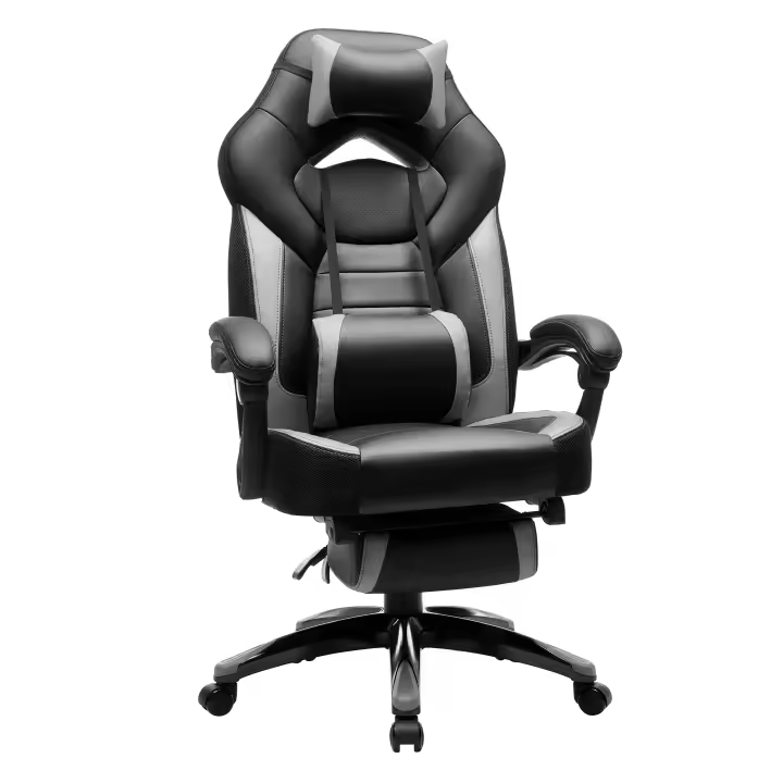 SONGMICS Silla Gaming, Silla de Oficina, para Carreras, con reposapiés, Diseño ergonómico, Reposacabezas Ajustable, Soporte Lumbar, 150 kg de Capacidad de Carga, Gris y Negro/Negro/Azul y Negro/Rojo y Negro - 1