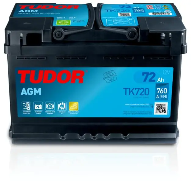 Tudor TK720 Batería de Coche AGM 72Ah 760A - Alta Potencia - Larga Duración - Apta para Coches con Sistema Start-Stop - 1
