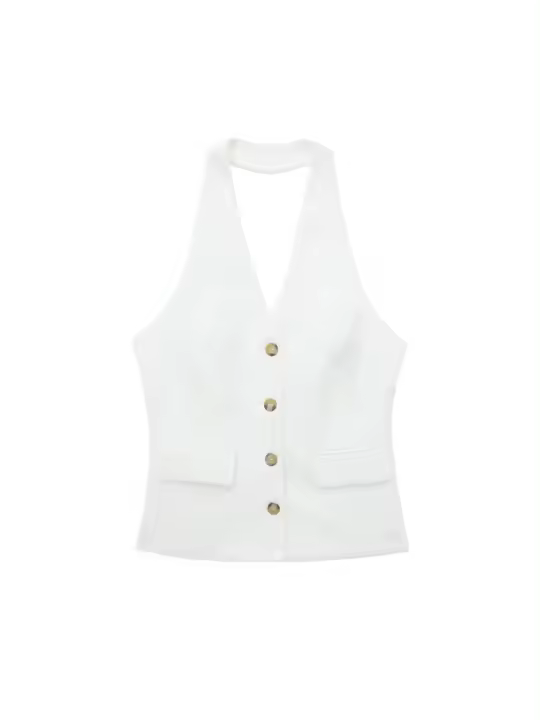 Conjunto De Traje Para Mujer TRAF Con Cuello Colgante Y Chaqueta De Botones Estilo Inglés Pantalones De Cintura Alta Casual - 1