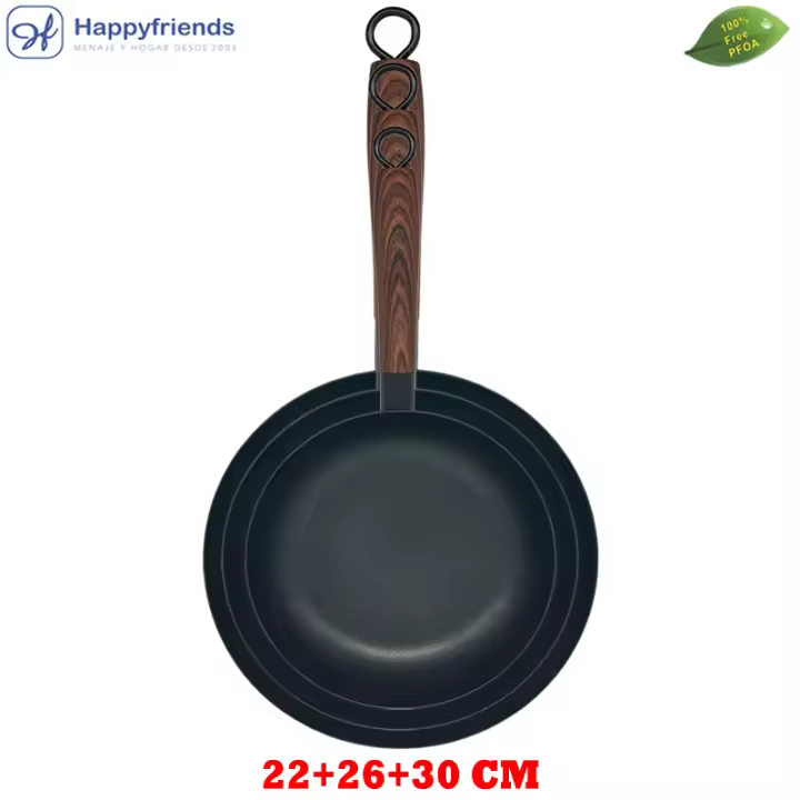 HAPPY FRIENDS - Sets de 3 Sartenes Llanas Hierro Antiadherente para inducción | Modelos a Elegir  Ø20/24/26/28/30 CM | Revestimiento Antiadherente | Superficie Llana con Calentamiento Rápido y Uniforme | Libre de PFOA | Mango silicona Estilo Madera - 1