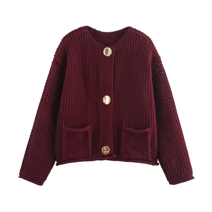 Women Wine Red Chunky-knit Cardigan Long Sleeve O Neck With Pockets Sweater  Outerwear Female Autumn Winter Crop Coat - 1