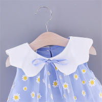 Vestido De Verano Para Niñas Con Pétalos De Margarita Y Cuello Gasa Sólido Sin Mangas Dulce Y Lindo Vestido De Malla - details 6