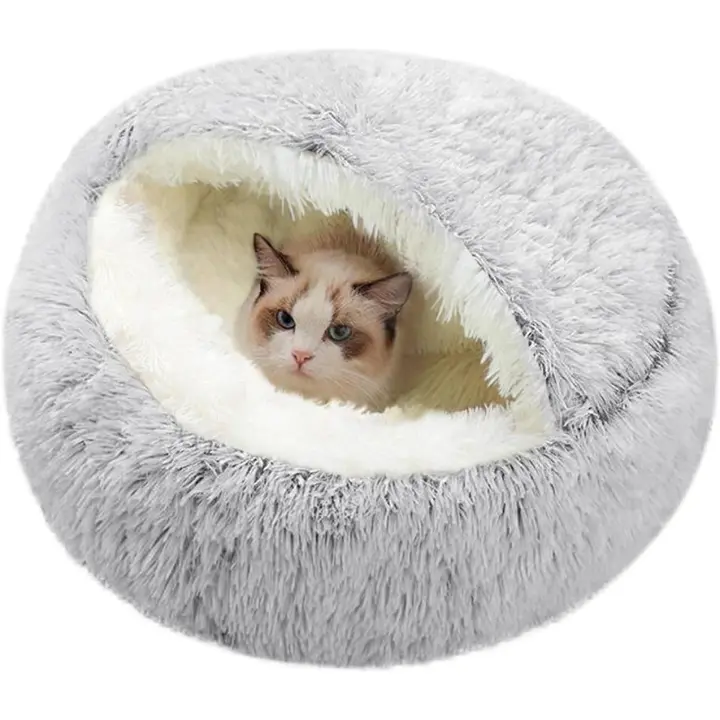 Cama para gatos y perros pequeños, nido de peluche con forma de donut, cálido, suave y relajante, con base antideslizante de esponja acogedora. - 1