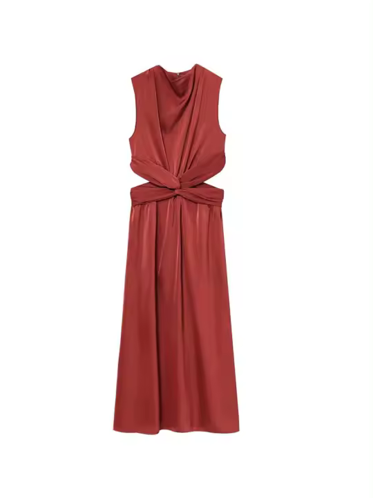 Vestidos Midi Elegantes De Verano Para Mujer 2025 Estilo Vintage De Satén Sólido Con Pliegues Y Salidas Hollow out Vestimenta Urbanita - 1