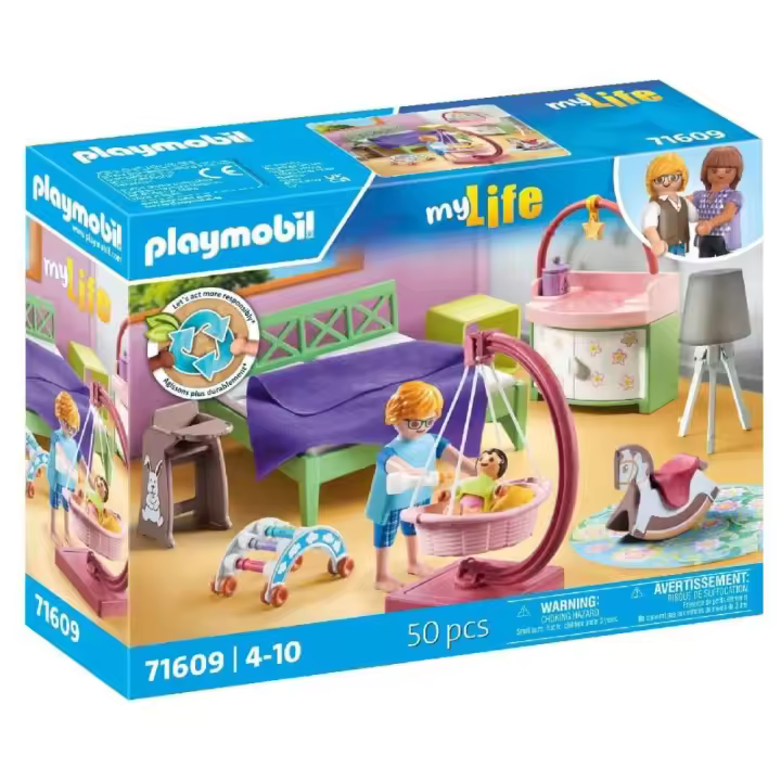 PLAYMOBIL (71609) Dormitorio mylife con Zona de Juegos bebe con cama colgante, cuna de hamaca infantil, caballo de madera, cambiador, trona, cama de matrimonio, My Life - 1