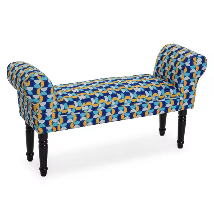 Versa Klee Taburete pie de cama para el Dormitorio, Banco para el Hall o la Entrada, , Medidas (Al x L x An) 53 x 32 x 100 cm, Algodón y Madera, Color Azul, Amarillo y Blanco - 1