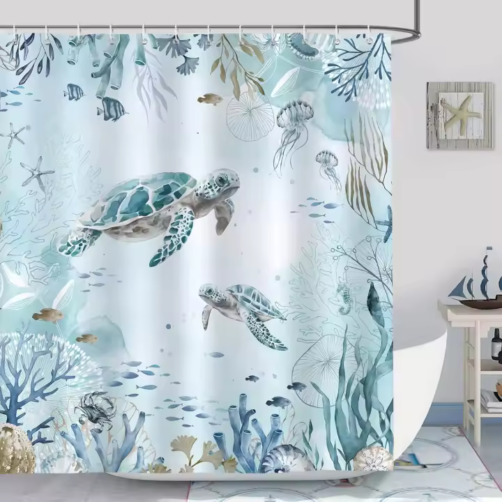 Cortina de Ducha Tortuga Marina Océano Azul Bajo El Mar Cortinas de Baño de Poliéster Impermeable Antimoho Lavable Cortina Ducha 180x200 cm con 12 Ganchos - 1