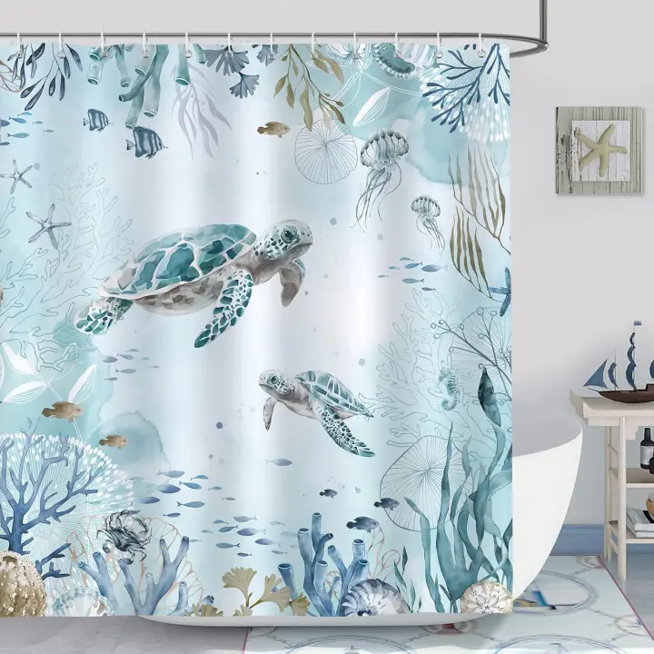 Cortina de Ducha Tortuga Marina Océano Azul Bajo El Mar Cortinas de Baño de Poliéster Impermeable Antimoho Lavable Cortina Ducha 180x200 cm con 12 Ganchos - 1