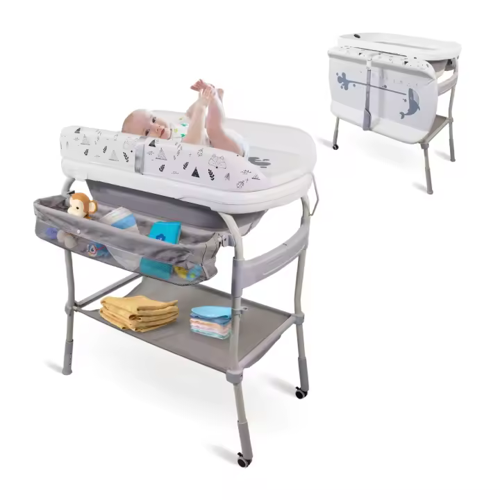 Bañera cambiador para bebés 3 en 1 Plegable Altura ajustable Ruedas con freno Control de temperatura Acolchado Impermeable - 1