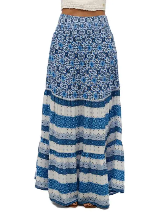 Falda Superdry larga azul blanca dibujo azulejo para mujer - 1