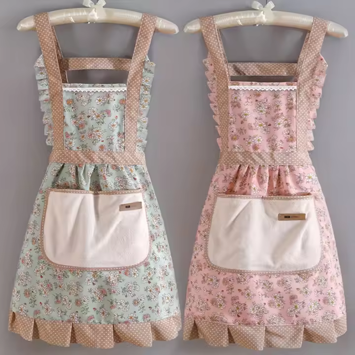 Delantal De Lona Para Mujer 2 Piezas Para Cocina En Casa Transpirable Delantal Adulto Trabajo Floral Material De Algodón - 1